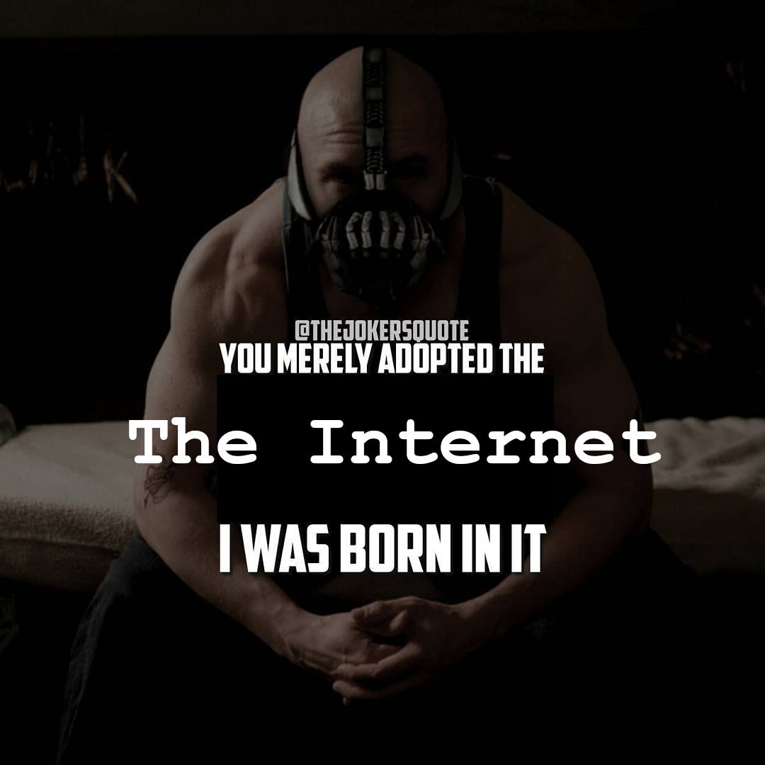 An image of Batman's Bane, with the quote "You merely adopted the internet, I was born in it"