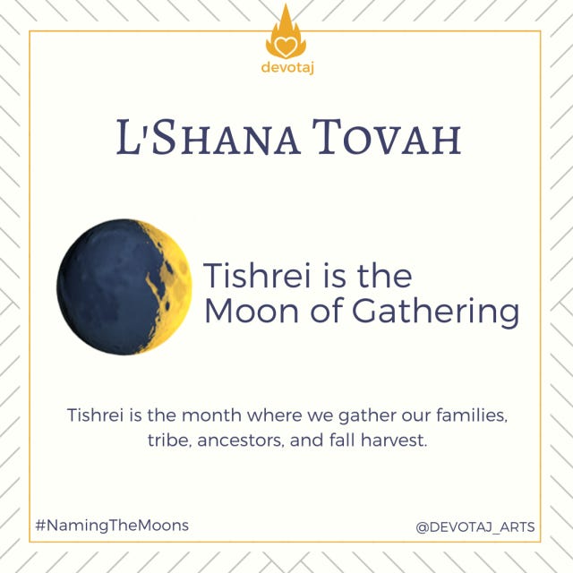 Image with crescent moon and words L’hanah Tovah.  Tishrei is the Moon of Gathering.  Tishrei is the month where we gather our families, tribe, ancestors, and the fall harvest.