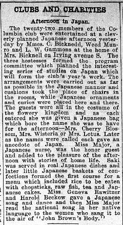 The Columbia Club of Minneapolis entertains itself with 'Afternoon in Japan', with a meal of raw fish in 1904
