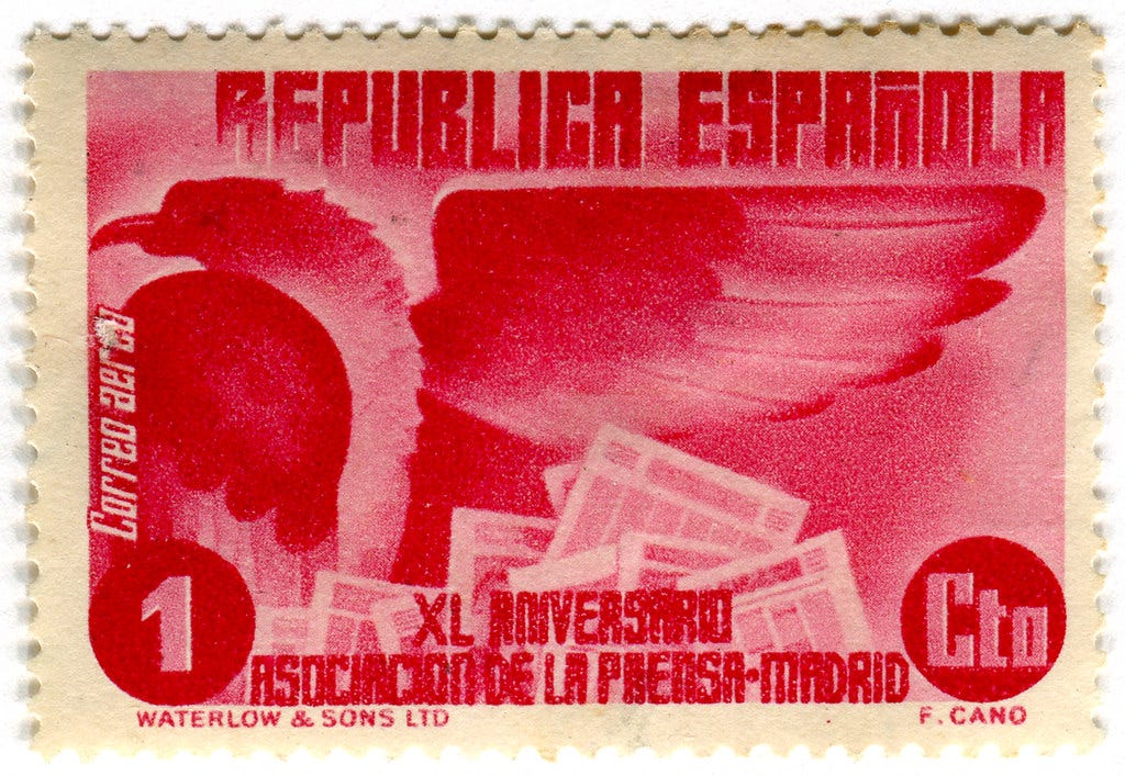 Spain postage stamp: red eagle with newspapers | c. 1936 in … | Flickr