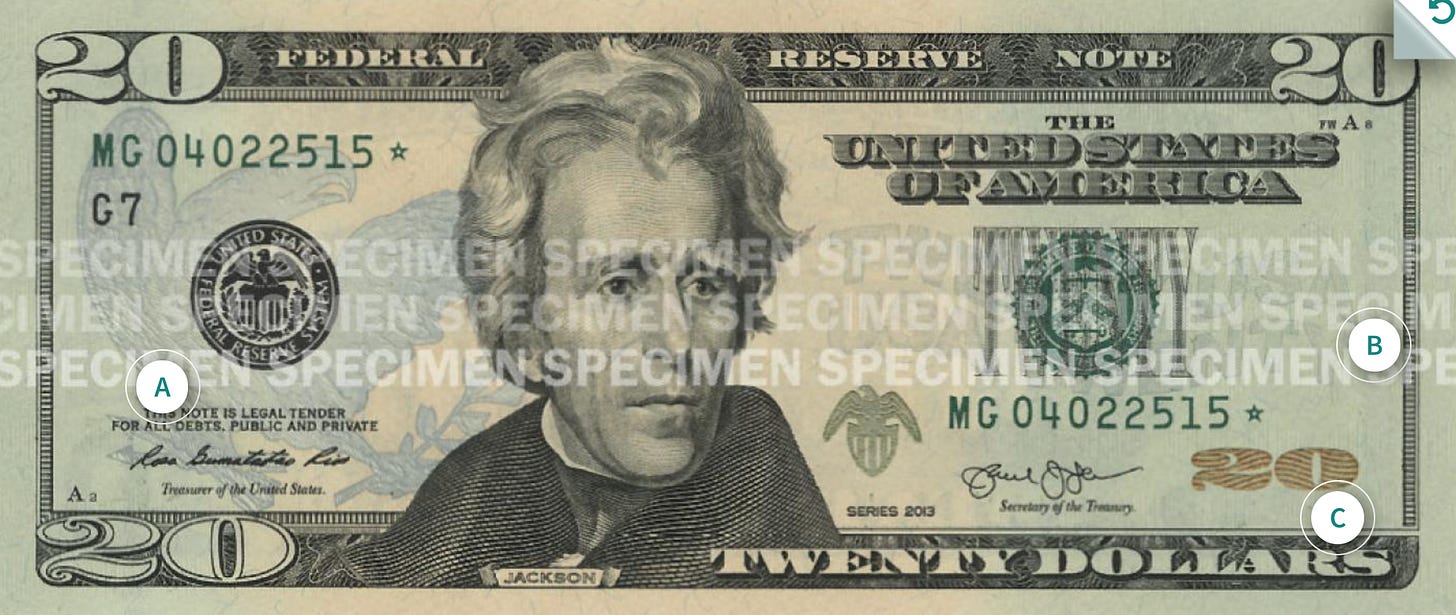 An image of a US $20 banknote.