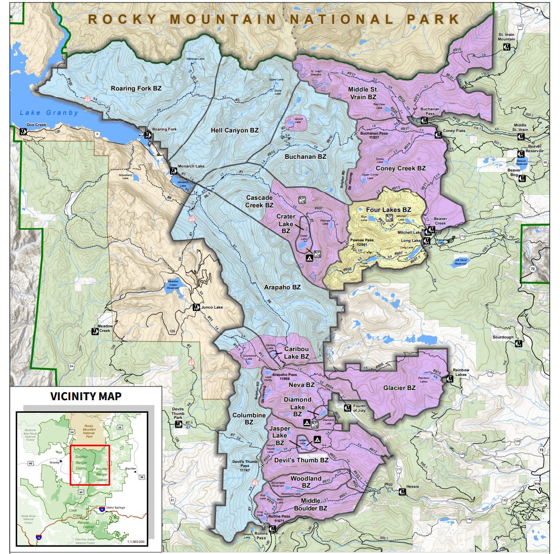 A map of the many regions within the Indian Peaks Wilderness
