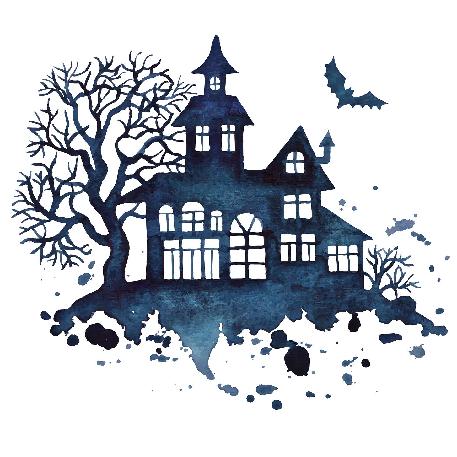 haunted house, bat, and tree without leaves