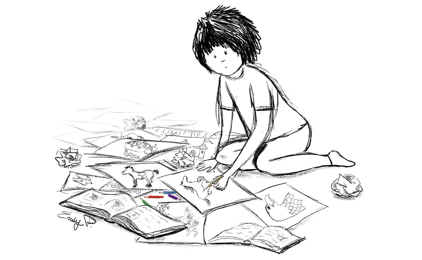 me as a young girl in pygamas and bare feet drawing a horse and surrounded by paper and drawings and books