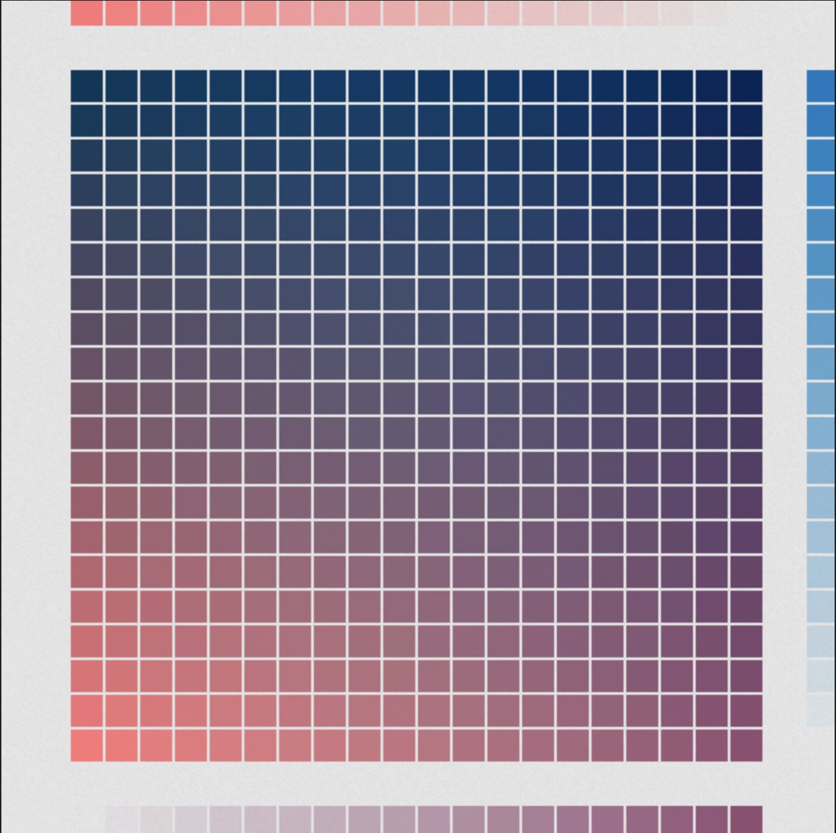 a 20x20 grid created from differing the opacities and blending flourescent orange, blue, and burgundy to create a dusk palette