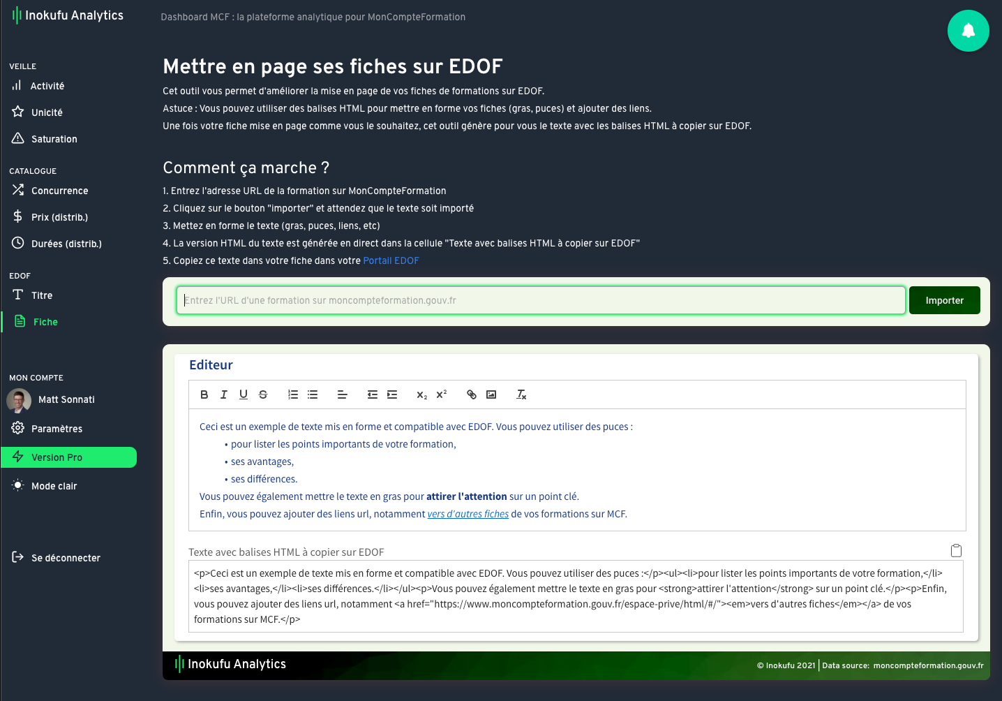 dashboard mcf outil mise en page fiche EDOF