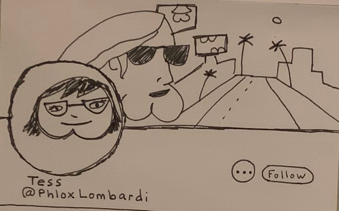 Slightly less terrible doodle of a Twitter page with butt avatar and a nearly-recognizable Tom Petty with a butt for a chin in the header
