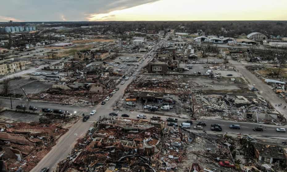 An aerial view of the city of Mayfield in Kentucky after a tornado struck. More than 20 tornadoes have caused destruction across southern and central states in the US.