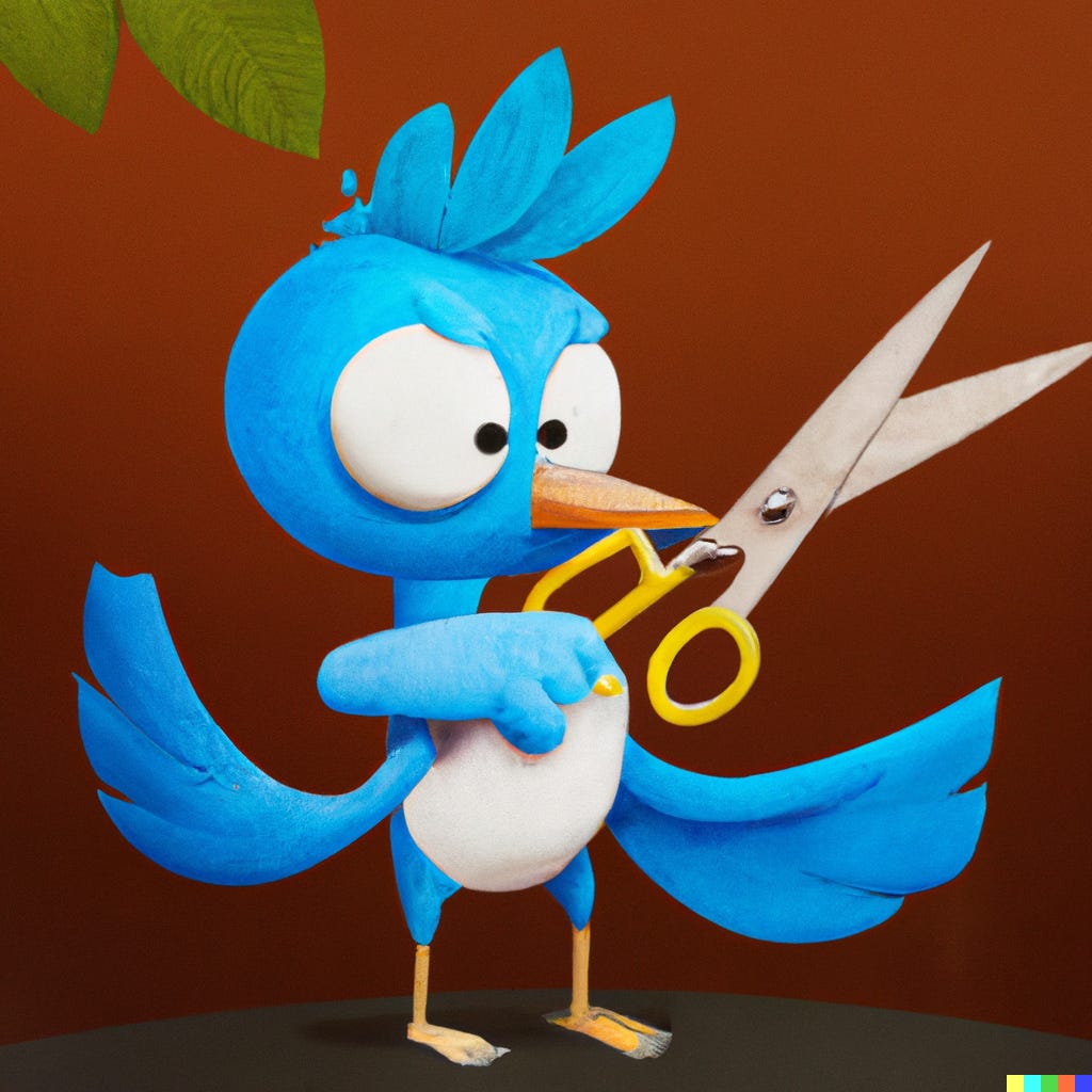 “blue bird holding a pair of scissors cutting a piece of paper in half, digital art” / DALL-E
