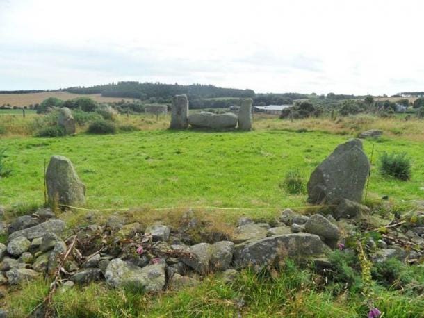 Figure 2. The distinctive architecture of an RSC. A ring of standing stones plus its recumbent stone as seen at the Strichen House RSC. (Author provided)