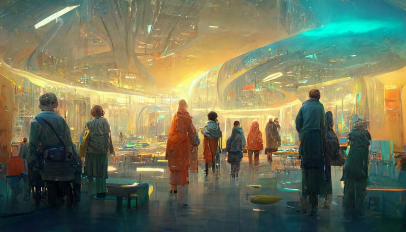 A utopian science fiction community, bright lights and display panels, smooth curved glass surfaces, and people milling around.