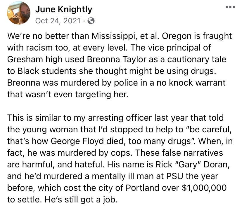 An image of June Knightly’s Facebook post from Oct 24,2021 describing false police narratives, racism and police abuses of power.
