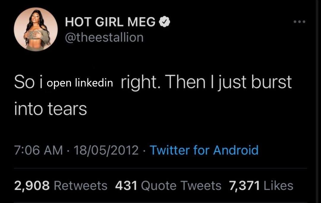 Image may contain: text that says 'HOT GIRL HM MEG @theestallion So i open linkedin right. Then ljust burst inkedir into tears 7:06 AM. 18/05/2012 Twitter for Android 2,908 Retweets 431 Quote Tweets 7,371Likes 7,371 Likes'