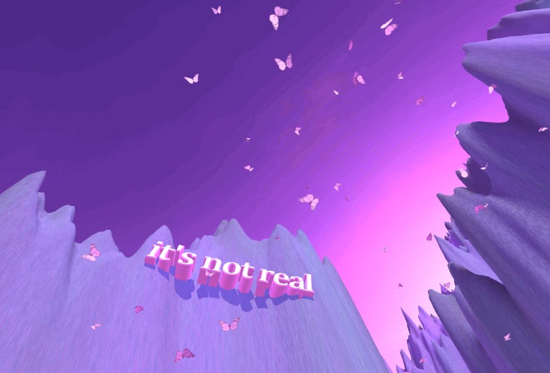 Purple and pink coloured 3D digital landscape with butterflies and text reading it's not real