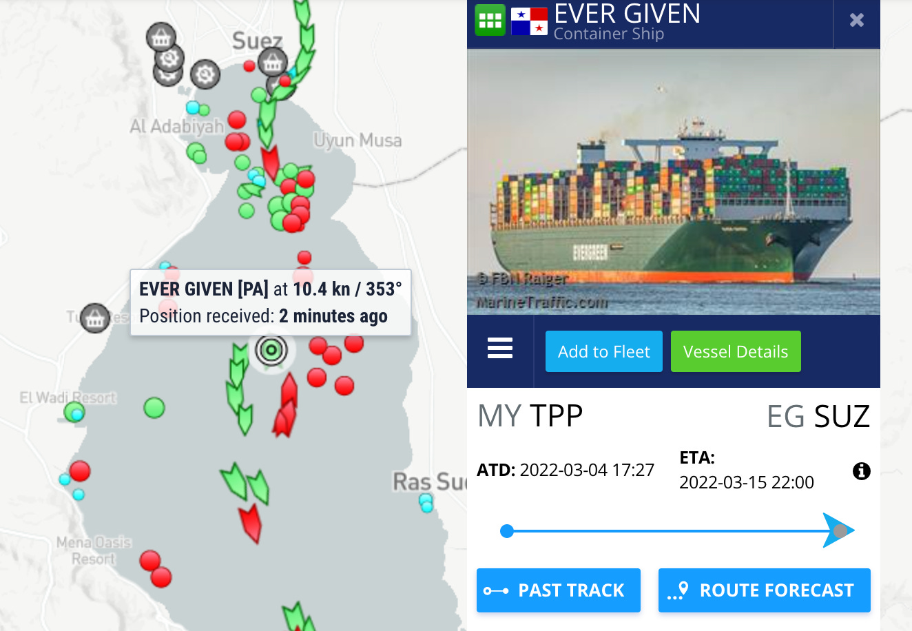 Screenshot from Marine Traffic dot com showing the Ever Given headed north into the Suez Canal again.