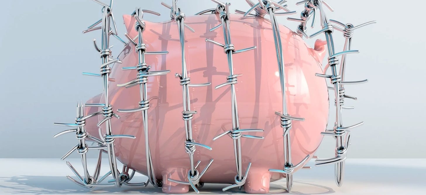 a piggy bank wrapped up in barbed wire