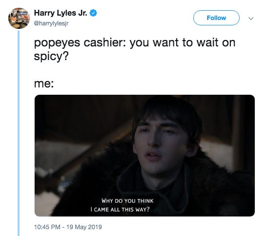 Screenshot of a funny tweet about GOT and popeyes