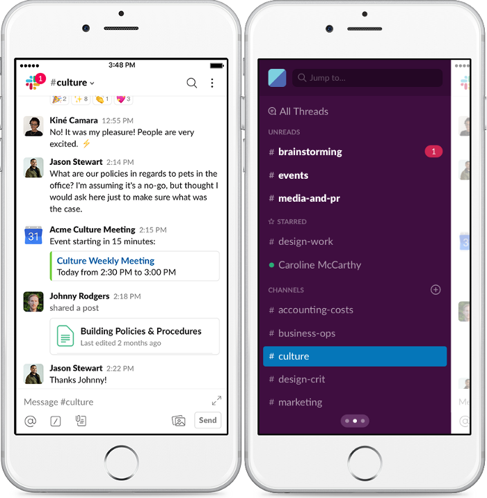 An image of how slack works. The conversation takes up the entire screen on the left-hand side, with local channels available when the user exits out of the conversation.