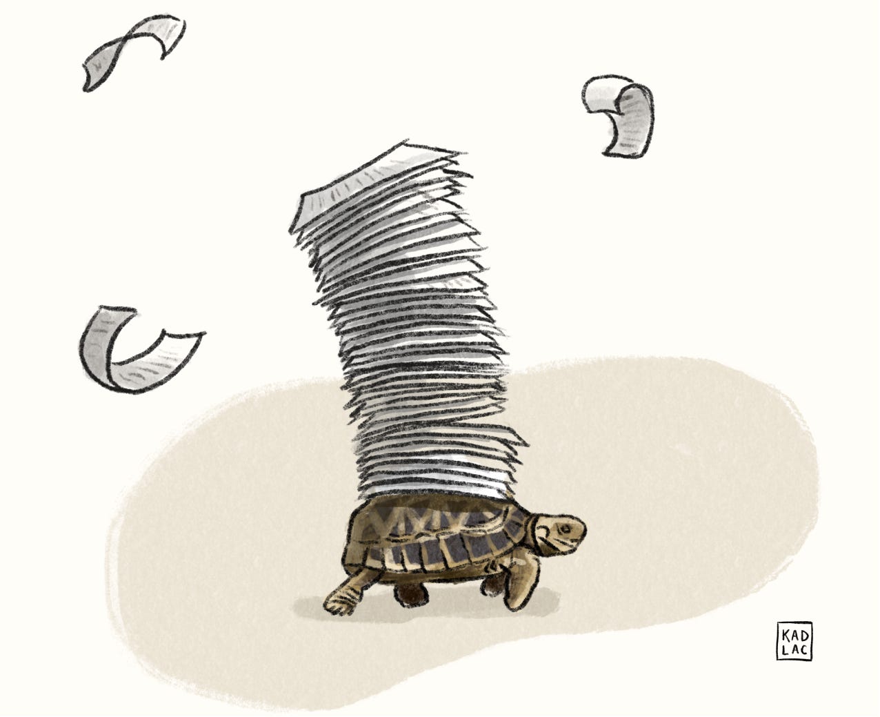 A turtle moving hundreds of newsletter sheets