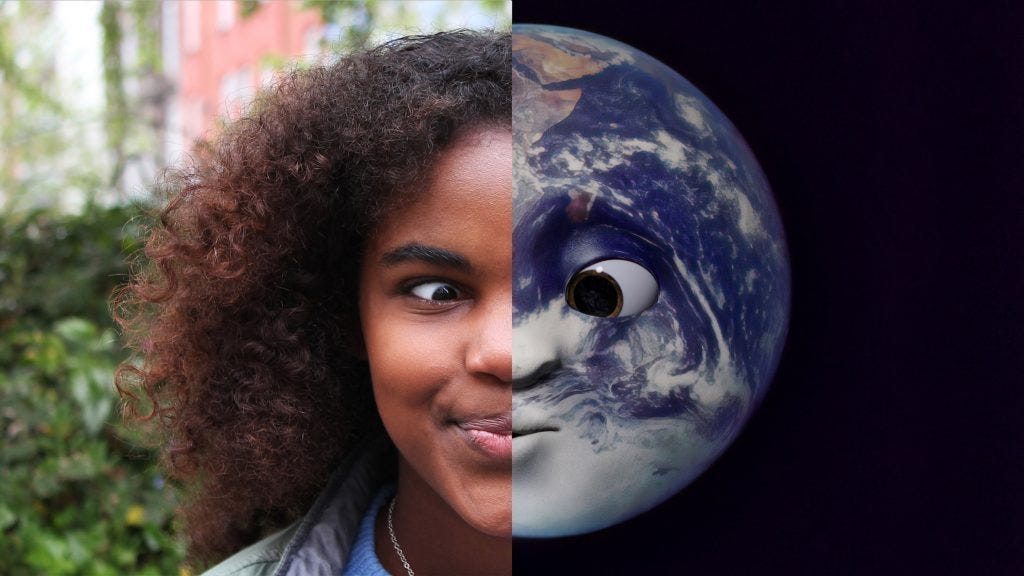 young girl + planet earth with girl's facial expression on it