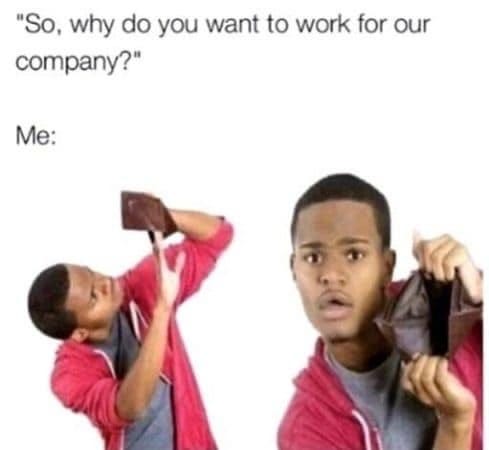 May be a meme of 1 person and text that says '"So, why do you want to work for our company?" Me:'