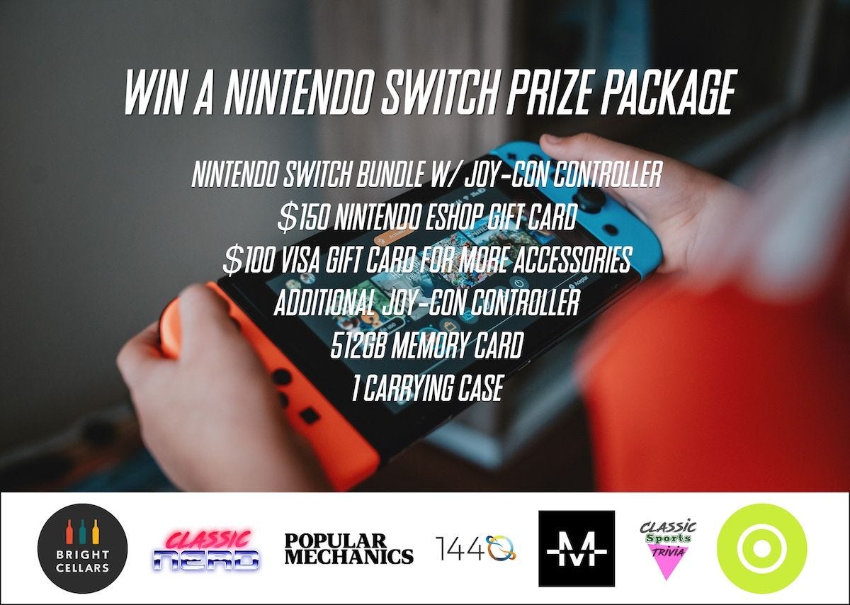 The prizes listed over an image of a Nintendo Switch