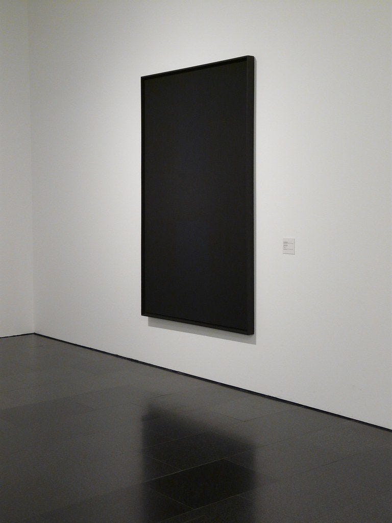 Monochrome black (1963) by Ad Reinhardt, an artwork reflecting postmodernism's belief in a senseless, insensible and essentially dead universe