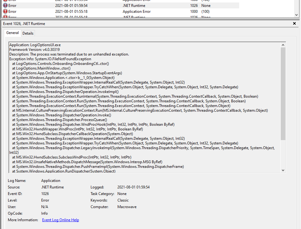 A screenshot of a LogiOptionsUI.exe crash in Event Viewer with a whole lot of text for the exception info