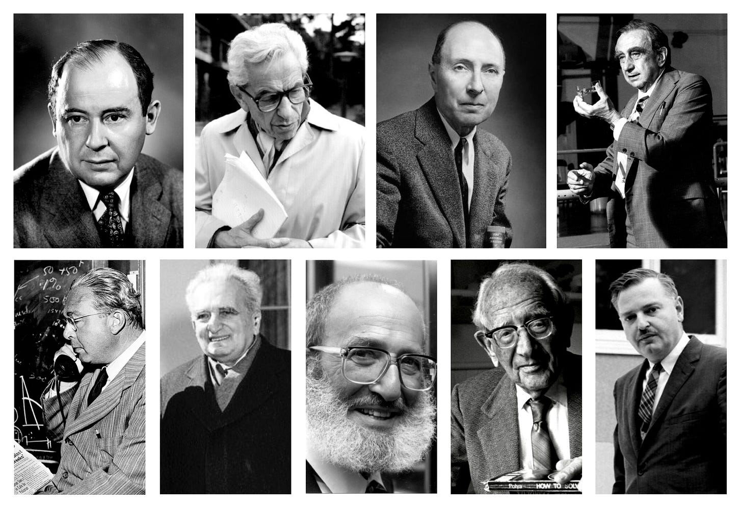 Photos of nine Martians of Budapest: von Neumann, Erdos, Wigner, Teller, Szilard, Karman, Halmos, Polya and Kemeny
