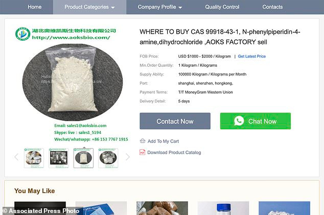 This April 17, 2020 image from a website shows an offer for a chemical known as "99918-43-1" made in China. According to C4ADS, a Washington research group, the price of the chemical, which can be used to make fentanyl, has risen since late February 2020. (AP Photo)