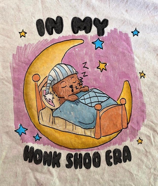 a little bear sleeping in a bed on the moon surrounded by stars. the text reads "in my honk shoo era"