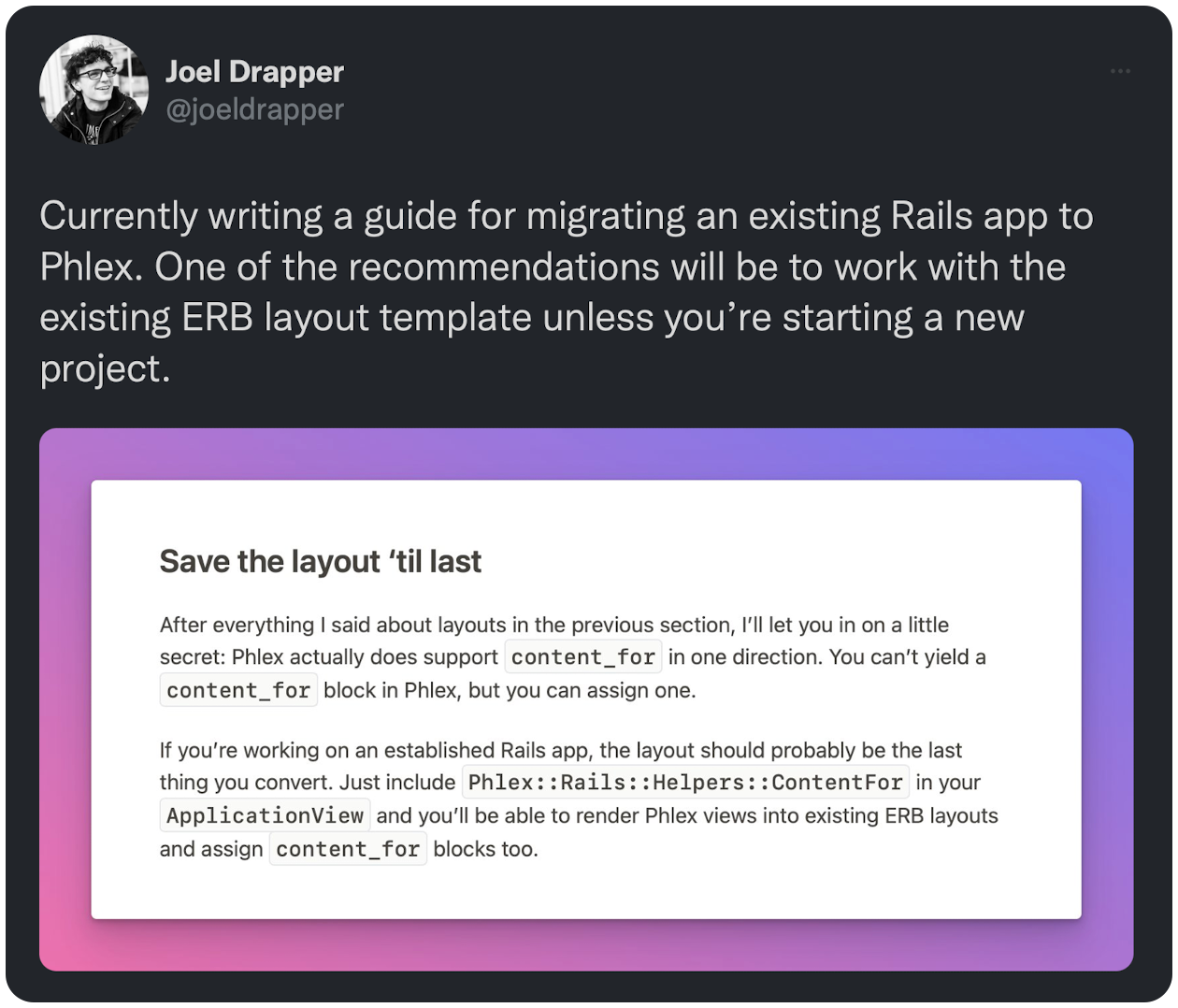 Currently writing a guide for migrating an existing Rails app to Phlex. One of the recommendations will be to work with the existing ERB layout template unless you’re starting a new project.