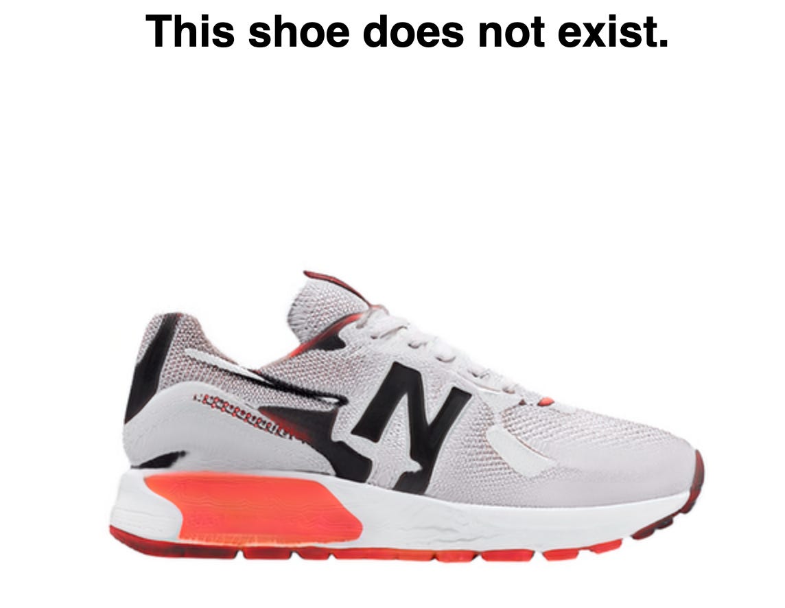 Screenshot from This Shoe Does Not Exist dot com of a GAN-generated sneaker. Screenshot from This Shoe Does Not Exist dot com of a GAN-generated sneaker.