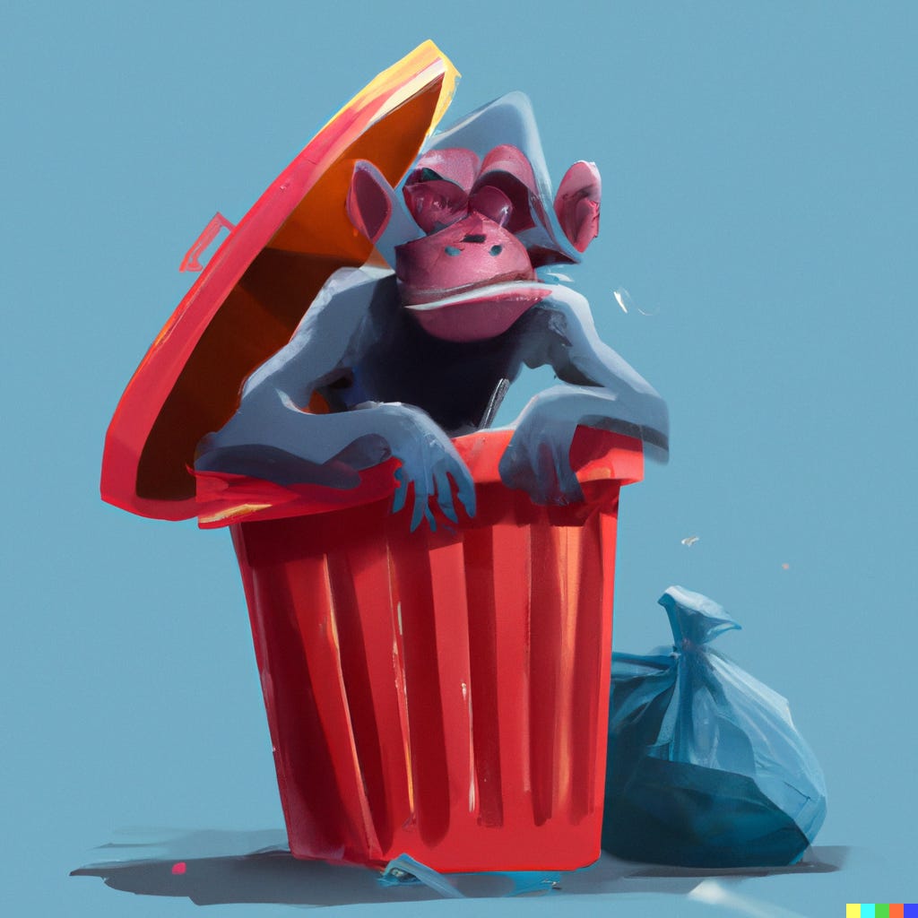 “A cartoon ape in a garbage can, digital art,” as rendered by OpenAI’s DALL-E