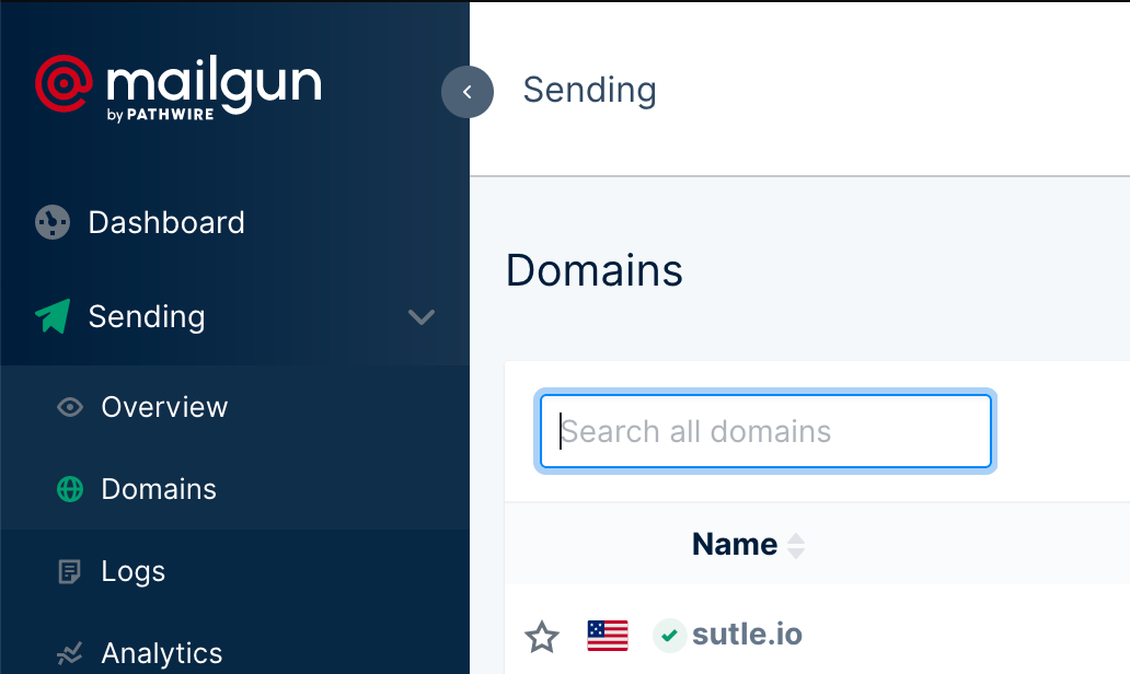A Mailgun dashboard showing the sidebar. The Sending that has Domains under it is highlighed then the domain "sutle.io" is on the main page.