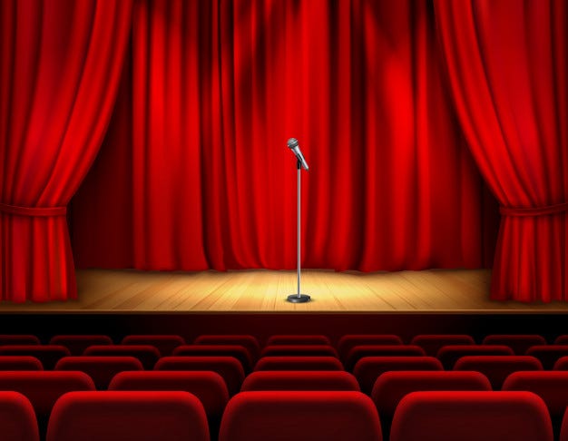 Realistic theater stage with wooden flooring and red curtain microphone and  seats for spectators Free Vector - Nohat - Free for designer