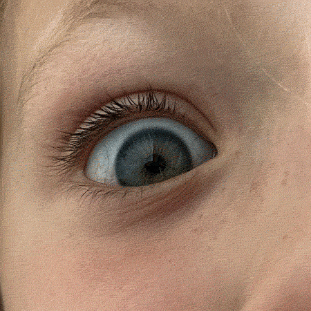 An animated-loop of a close-up photo of a right eye open in surprise and then crinkling into a smile, transitioning to an older left eye also crinkled in a smile and then opening in surprise, looping back to the initial younger eye. Both eyes are blue with light skin, and there is no green or blue filter over the top.