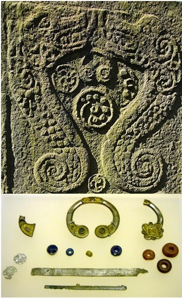 The ‘monsters’ on Rodney’s Stone possibly guarding a treasure of metalwork, with the contents of the Croy Hoard, including a penannular brooch and two Anglo-Saxon coins, pictured below