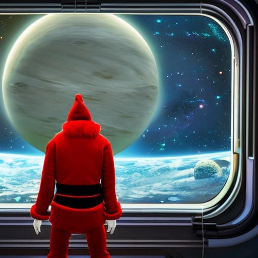 Santa shot from behind looking out a window into space with planets, created in stable diffusion