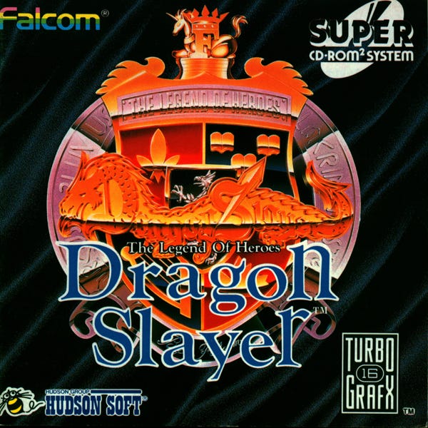 The North American box art for Dragon Slayer: The Legend of Heroes, featuring the Dragon Slayer logo set on a royal crest