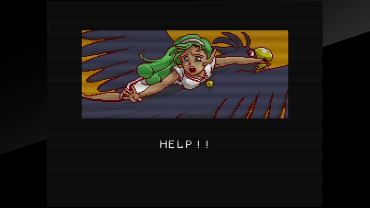 A screenshot of Tam and Rit's mother being carried away by an enormous black bird, with the text "Help!!" underneath the image.