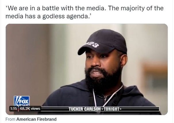 May be an image of 1 person, beard and text that says ''We are in a battle with the media. The majority of the media has a godless agenda.' VFOX AEWCl 1:15 48.2K views From American Firebrand TUCKER CARLSON TONIGHT*'