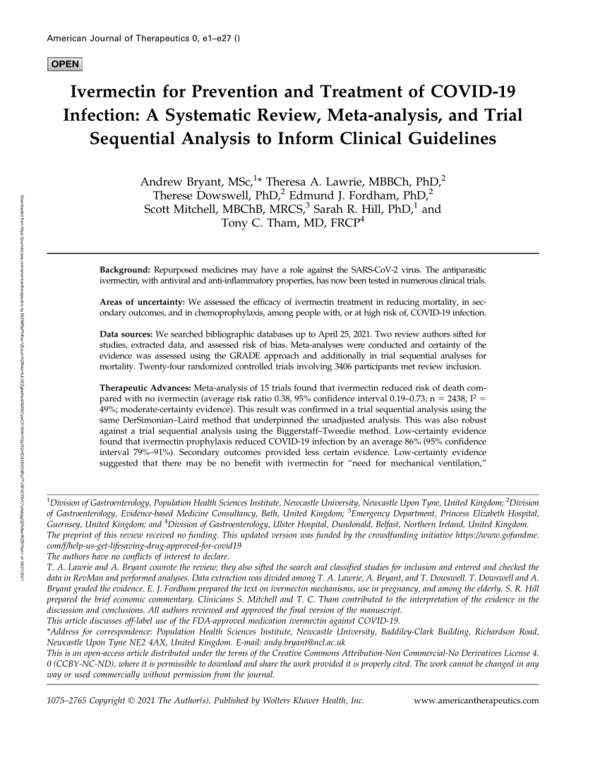 (PDF) Ivermectin for prevention and treatment of COVID-19 infection: a systematic review, meta-analysis and trial sequential analysis to inform clinical guidelines
