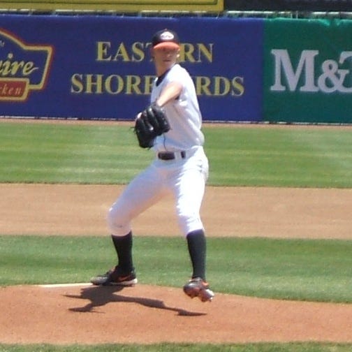 Shorebirds hurler Brandon Erbe eyes his target during a recent contest.