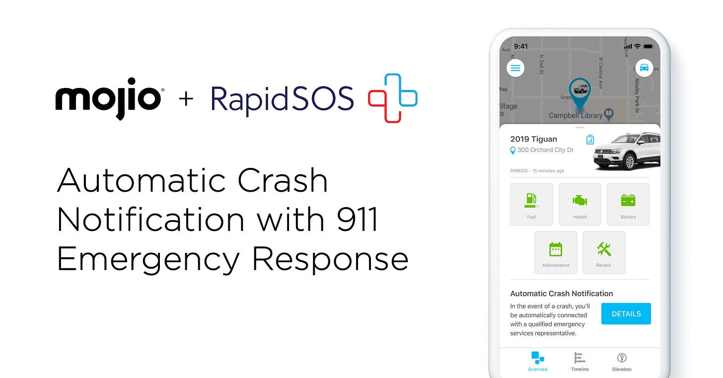 Mojio joins RapidSOS’ Partner Network to enable real-time transmission of critical telematics data to 911 in the event of a vehicle crash.
