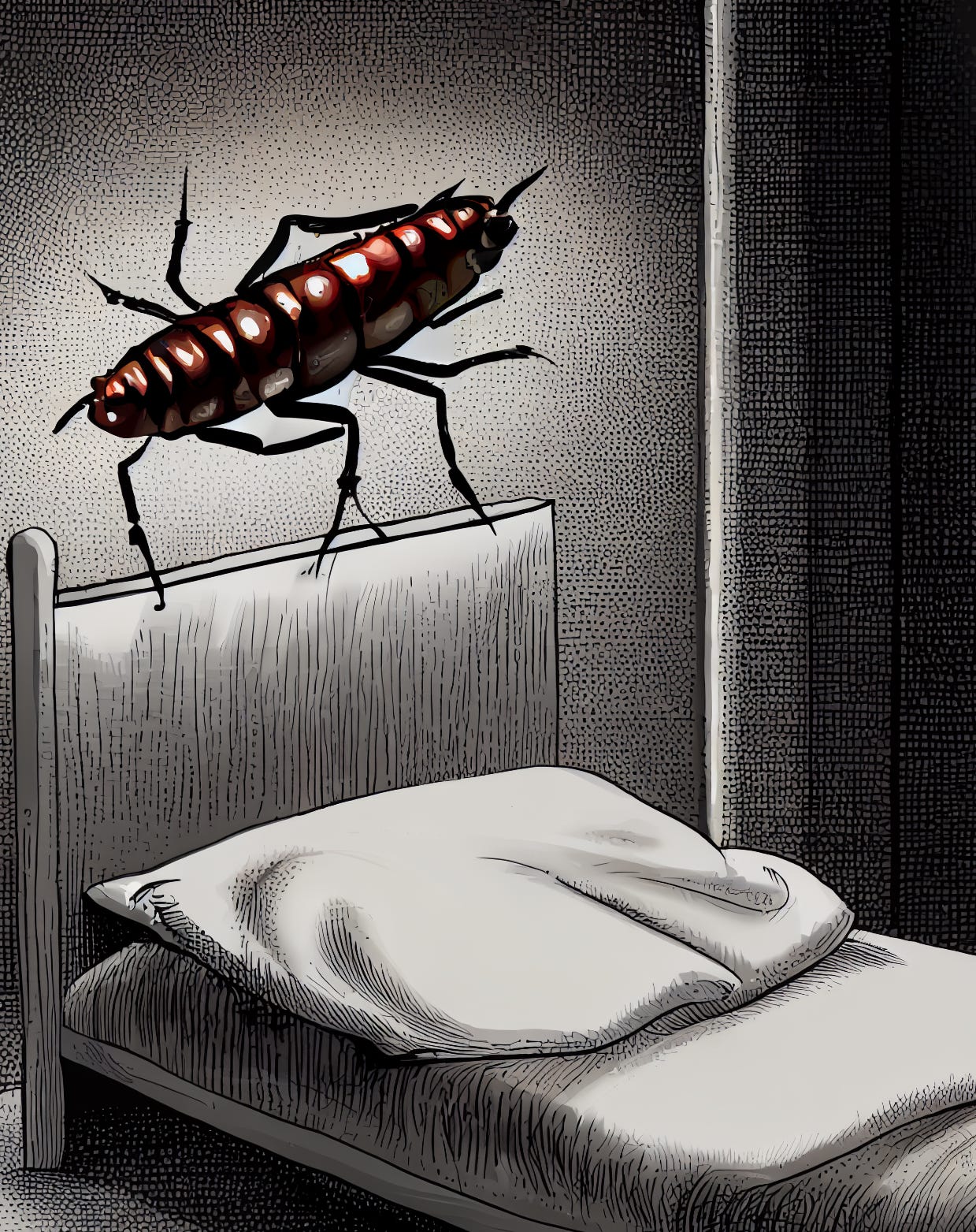 A giant cockroach over a bed
