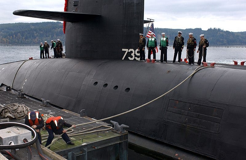 File:US Navy 041020-N-6497N-053 Crew members handle lines prior to mooring the Ohio-class fleet ballistic missile submarine USS Nebraska (SSBN 739) at her new home port of Naval Base Kitsap-Bangor, Wash.jpg