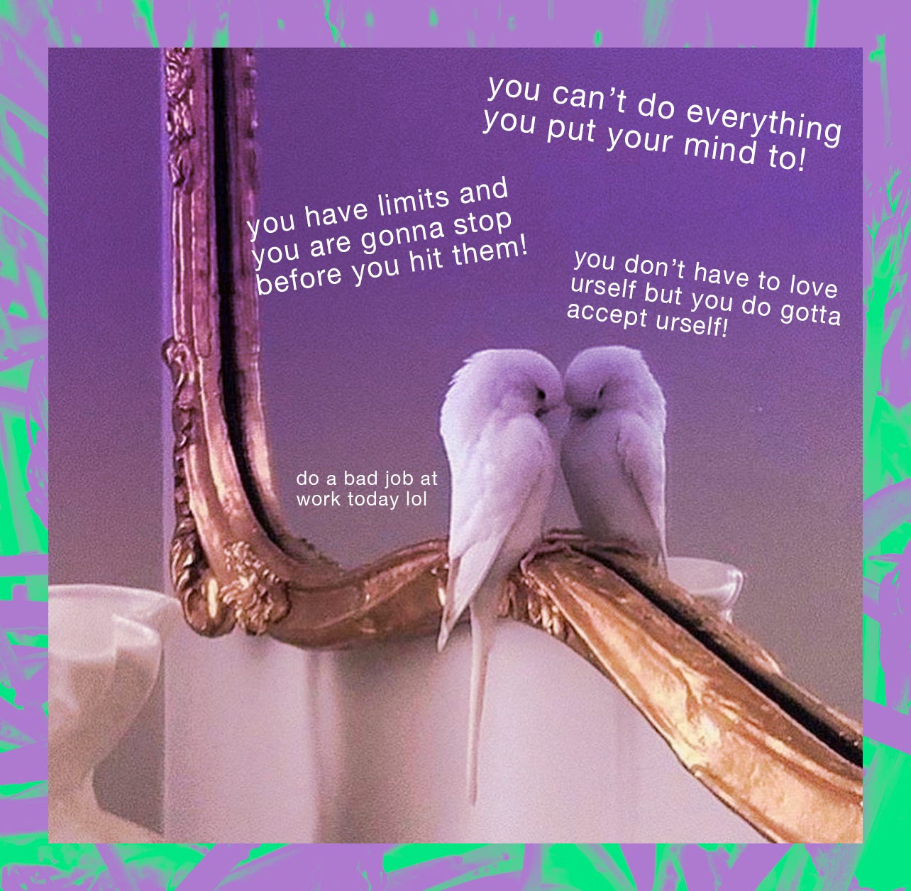 a meme of a bird looking into a mirror who appears to be giving himself a pep talk except it says things like "you have limits and you are gonna stop before you hit them" and "do a bad job at work today lol"
