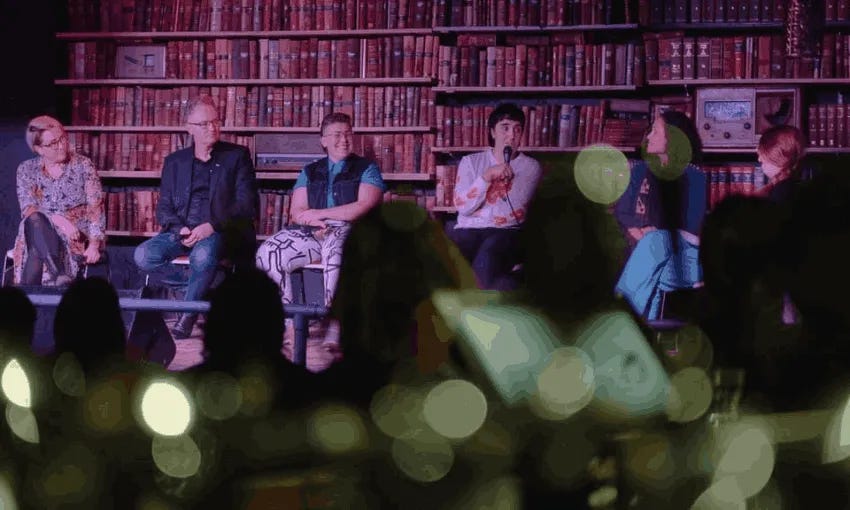 Anna Rawhiti-Connell, Stuart McKenzie, Alice Soper, Madeleine Chapman and Emalani Case discuss their letters with Claire Mabey at Meow, Wellington (Photo: Rebecca McMillan) 
