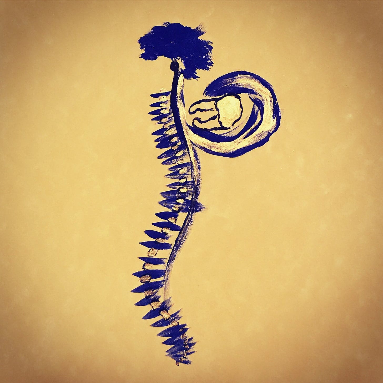 drawing of spine and brain in blue ink with gold highlighting and a tidal wave flowing out the back washing a molar into the spinal cord